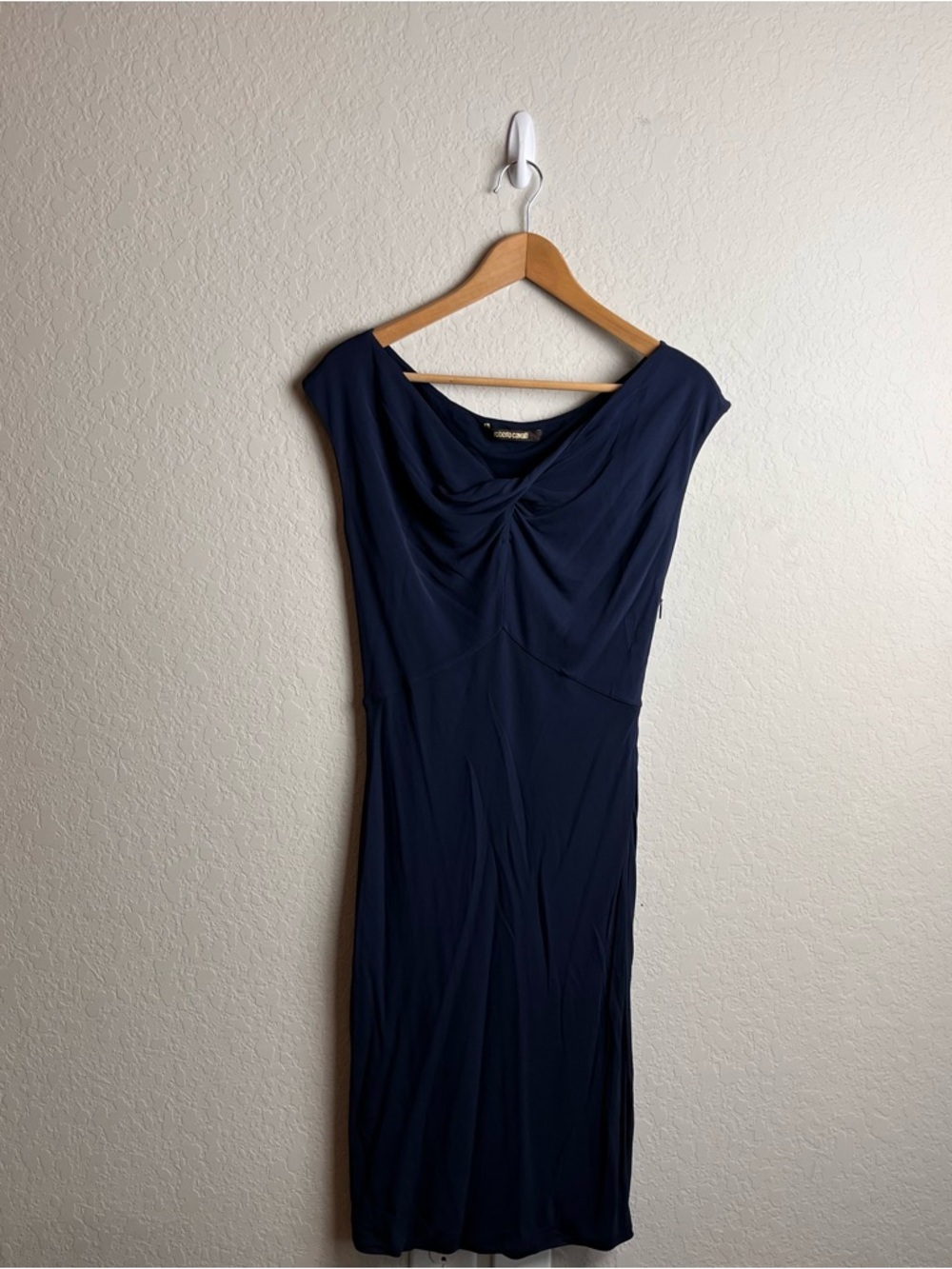 Roberto Cavalli Dress 42 Navy Blue Jersey Knit Keyhole Bodycon Women’s - Picture 2 of 14